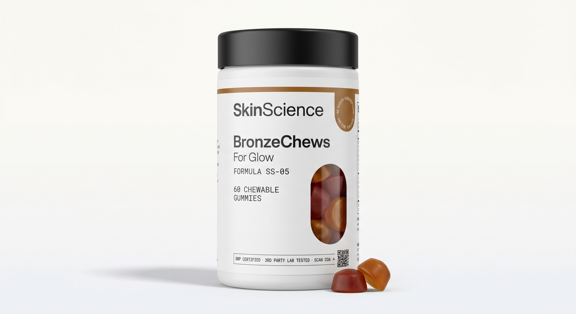 BronzeChews by SkinScience — watermelon-flavored vegan tanning gummies, 60-count bottle