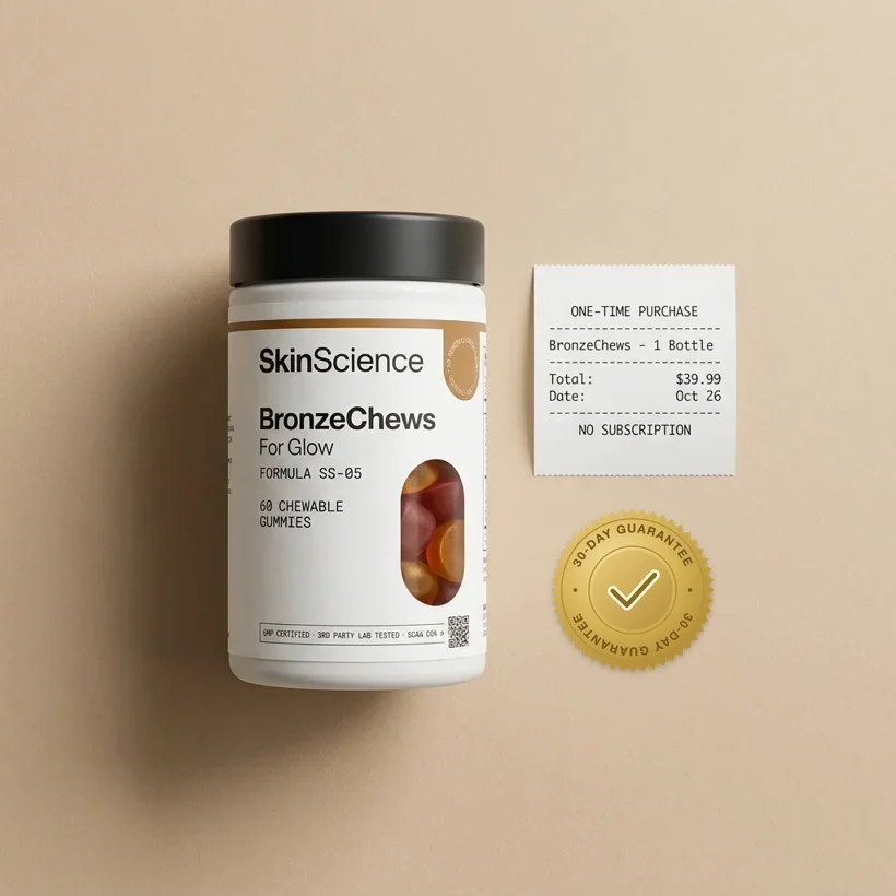BronzeChews bottle beside a one-time-purchase receipt and a 30-day money-back guarantee seal — no subscription