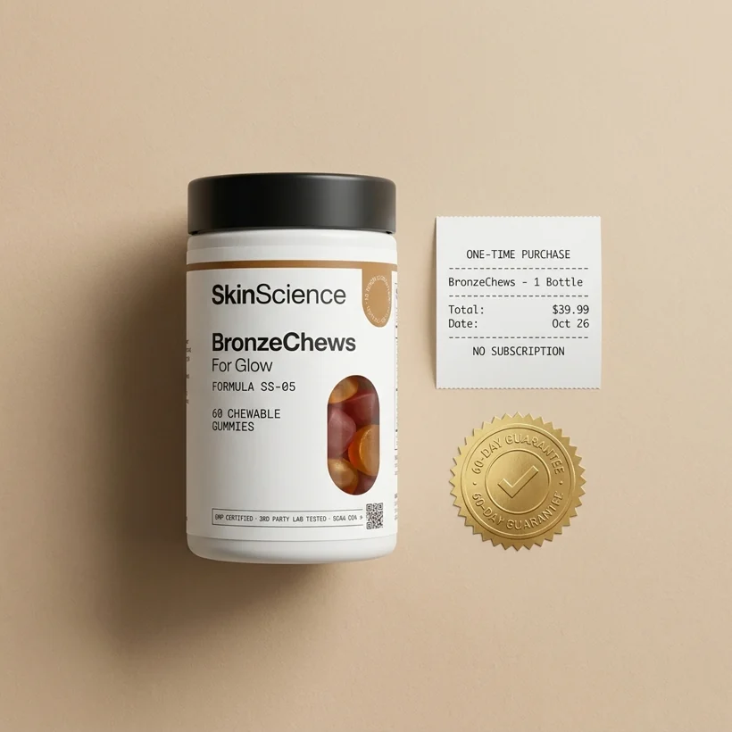 BronzeChews bottle beside a one-time-purchase receipt and a 60-day guarantee seal — no subscription