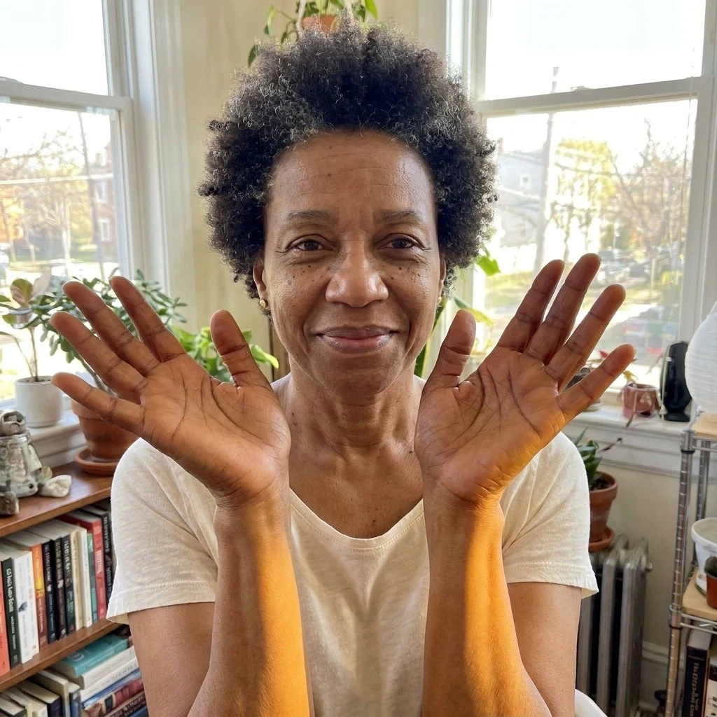 Angela comparing her wrist tone to a friend's, showing a warm golden-red hue instead of an orange beta-carotene cast