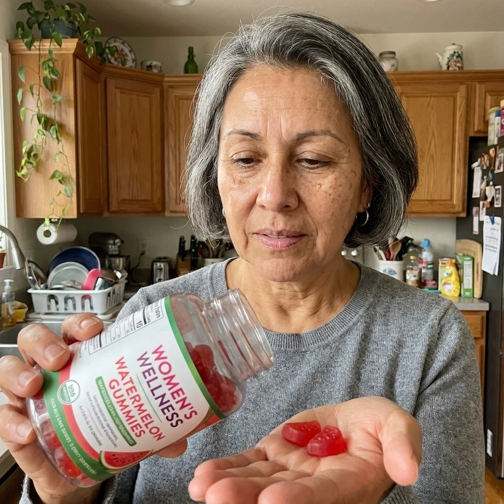 Morning routine — Cris taking two watermelon BronzeChews gummies with breakfast, bottle on the counter