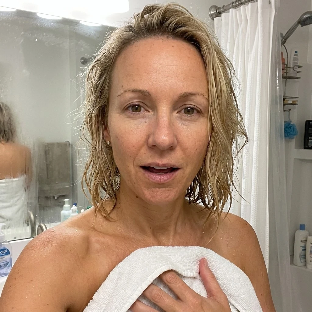 POV — Megan towel-drying after a shower with her golden color fully intact, nothing transferred onto the white towel