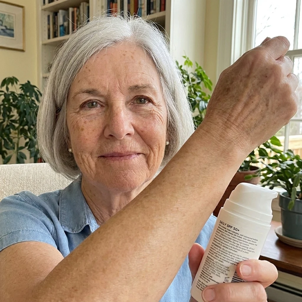 Rosemary applying SPF in the mirror, BronzeChews bottle on the vanity — color without UV, sunscreen still on