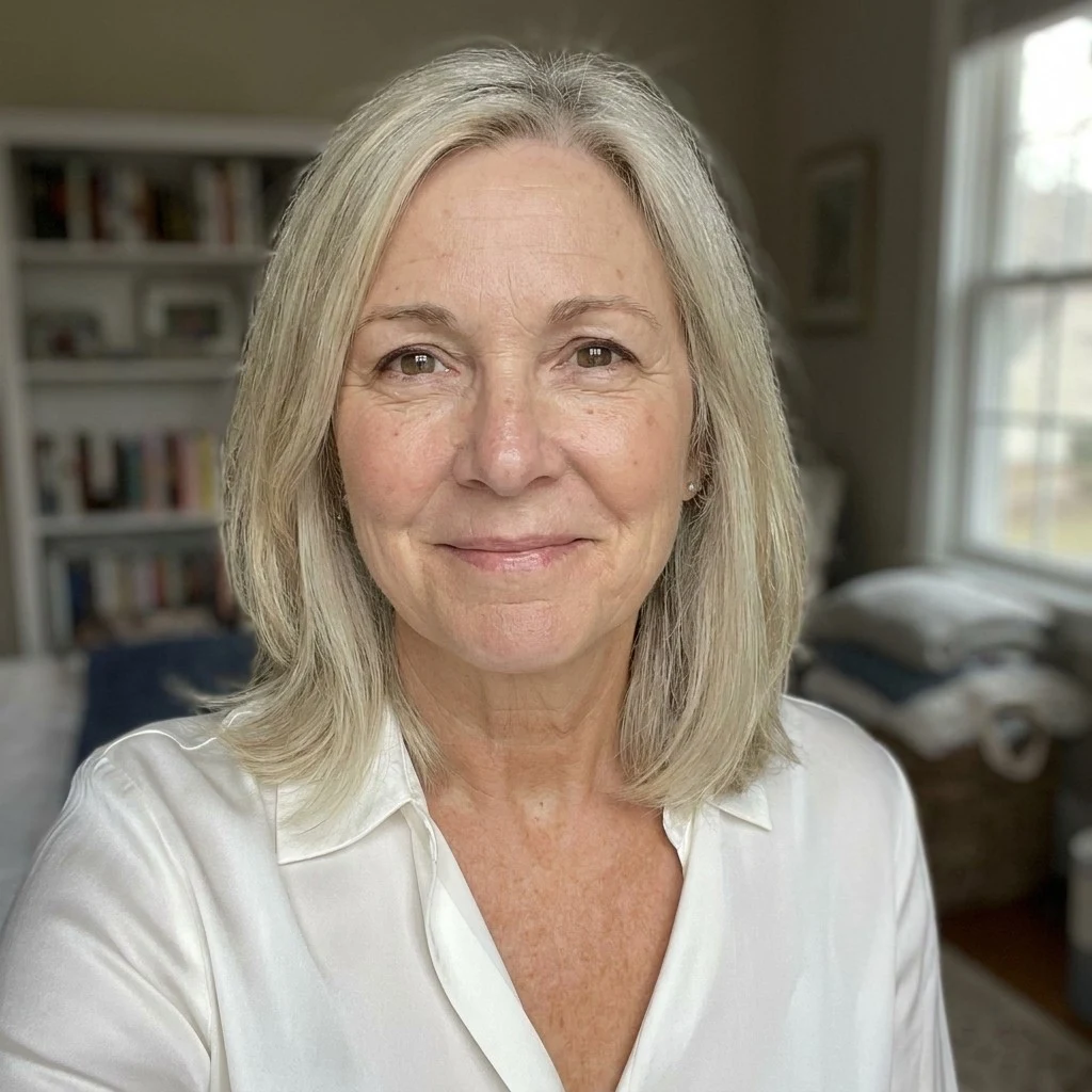 Sharon in a white silk blouse in natural light, showing a warm golden complexion with no orange cast