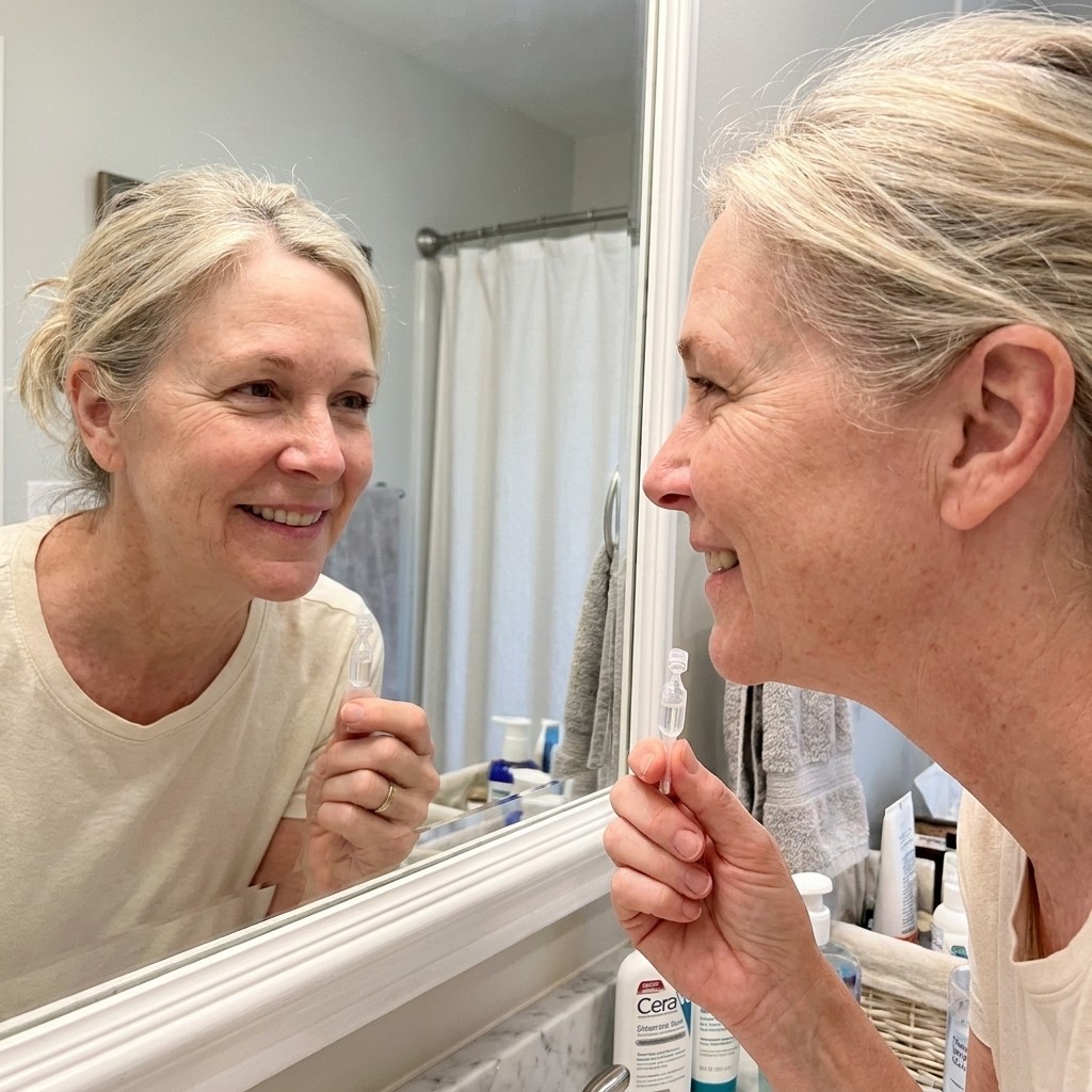 Sharon's selfie at week 6 — softer smile lines, no med-spa visit