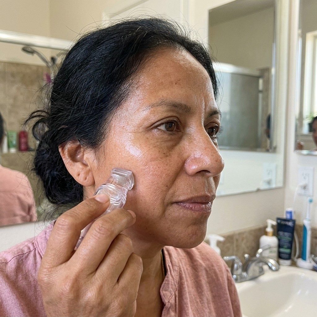 Maria's week-2 selfie — the glass-skin glow arriving, the lines not yet changed