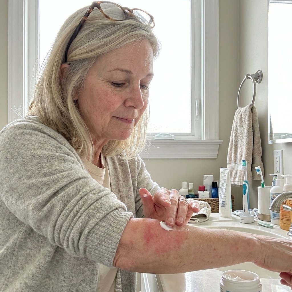 Sharon's photo mid-flare — redness across her cheeks, the night she finally felt zero sting