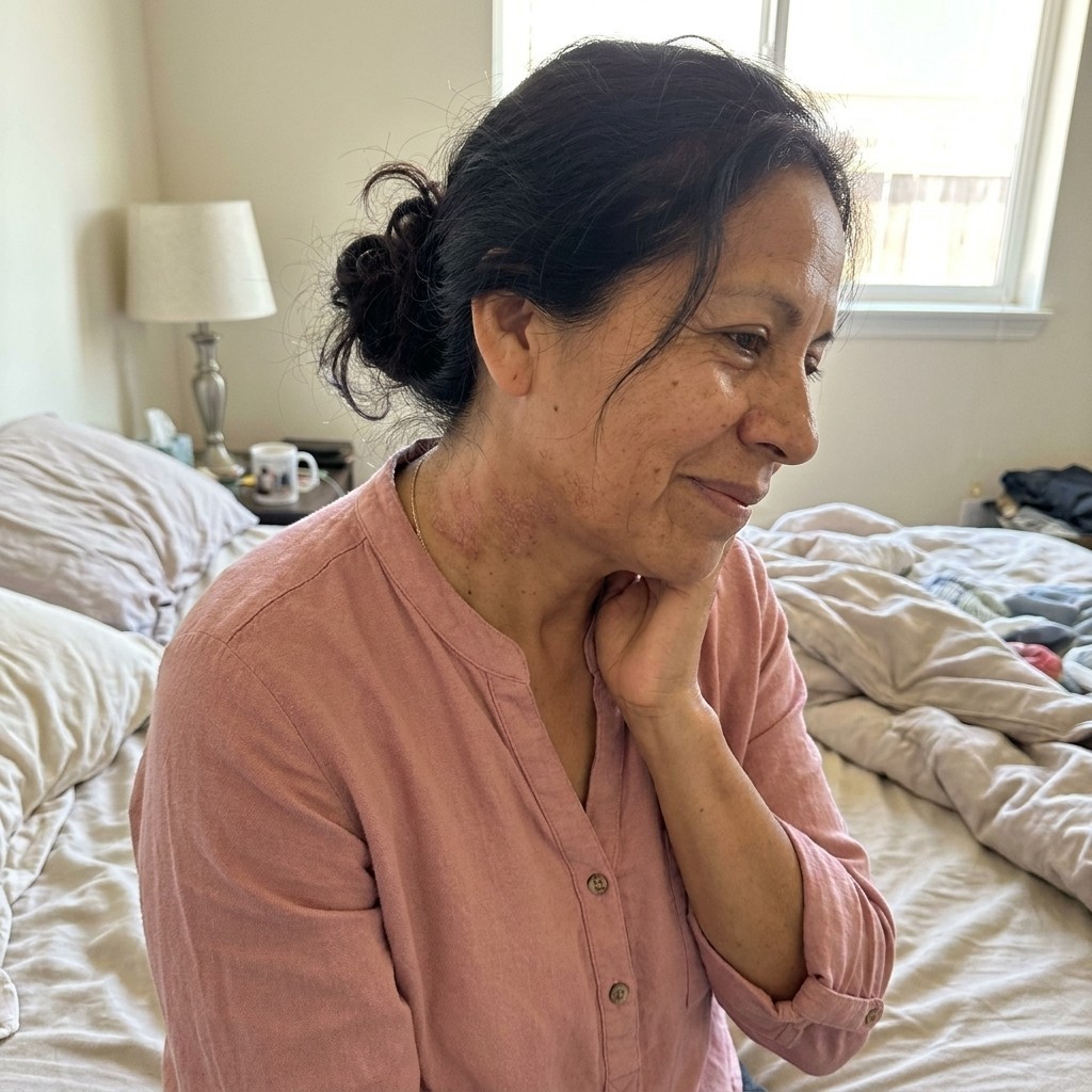 Maria's week-2 progress photo — the flare along her neck and jaw already fading