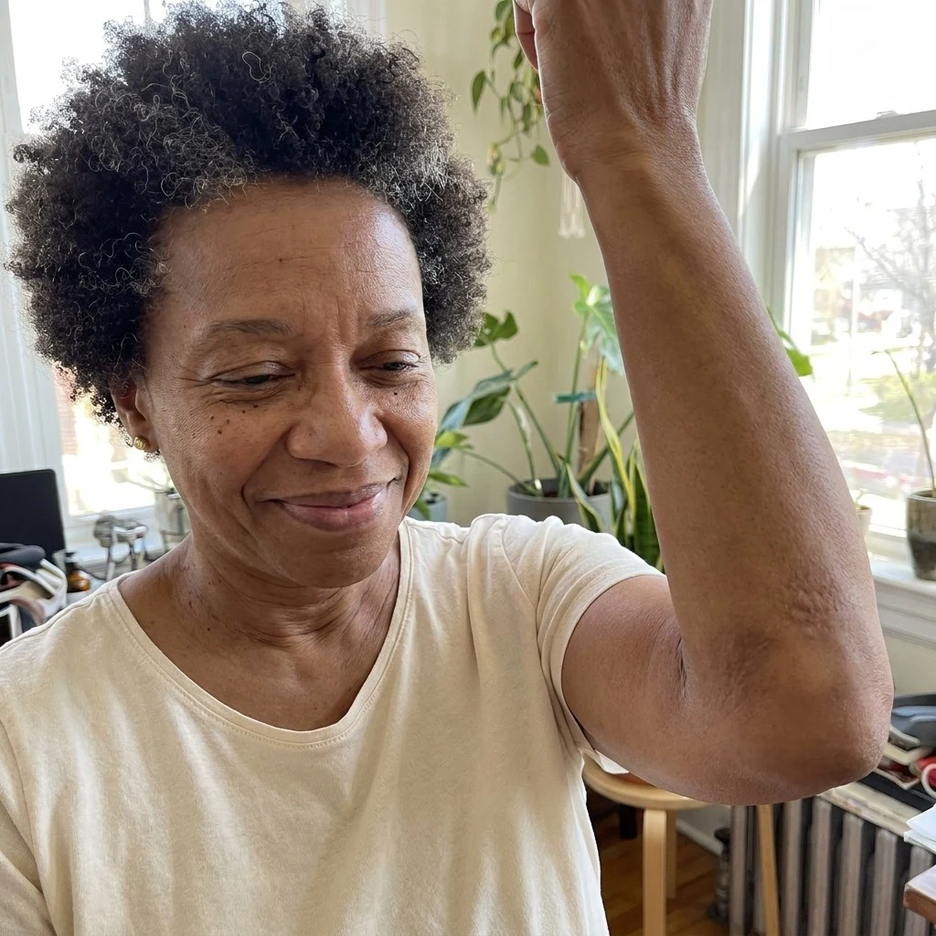 Angela showing her inner arm — the elbow-crease patch finally calm