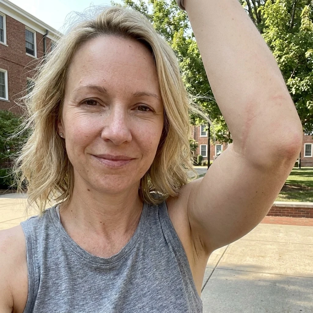Megan in a tank top — calm elbow creases at week 10, nothing to hide