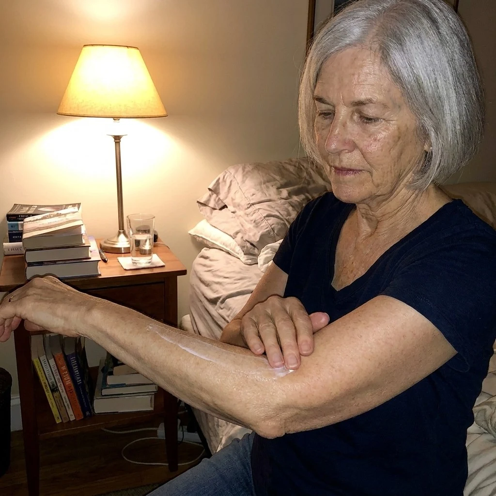Rosemary at her vanity, Eczemolyse tube in hand — month 8 of the one-nightly-layer maintenance routine