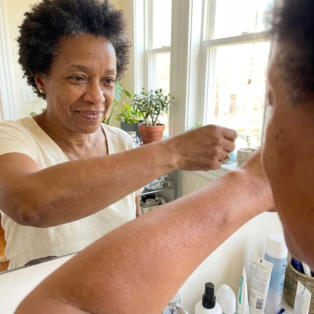 Angela showing her forearm — the red, blotchy halo around each bump finally faded