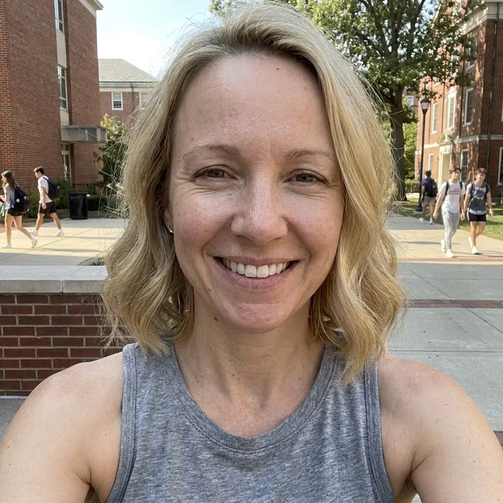 Megan in a tank top — smooth upper arms at week 10, no cardigan needed