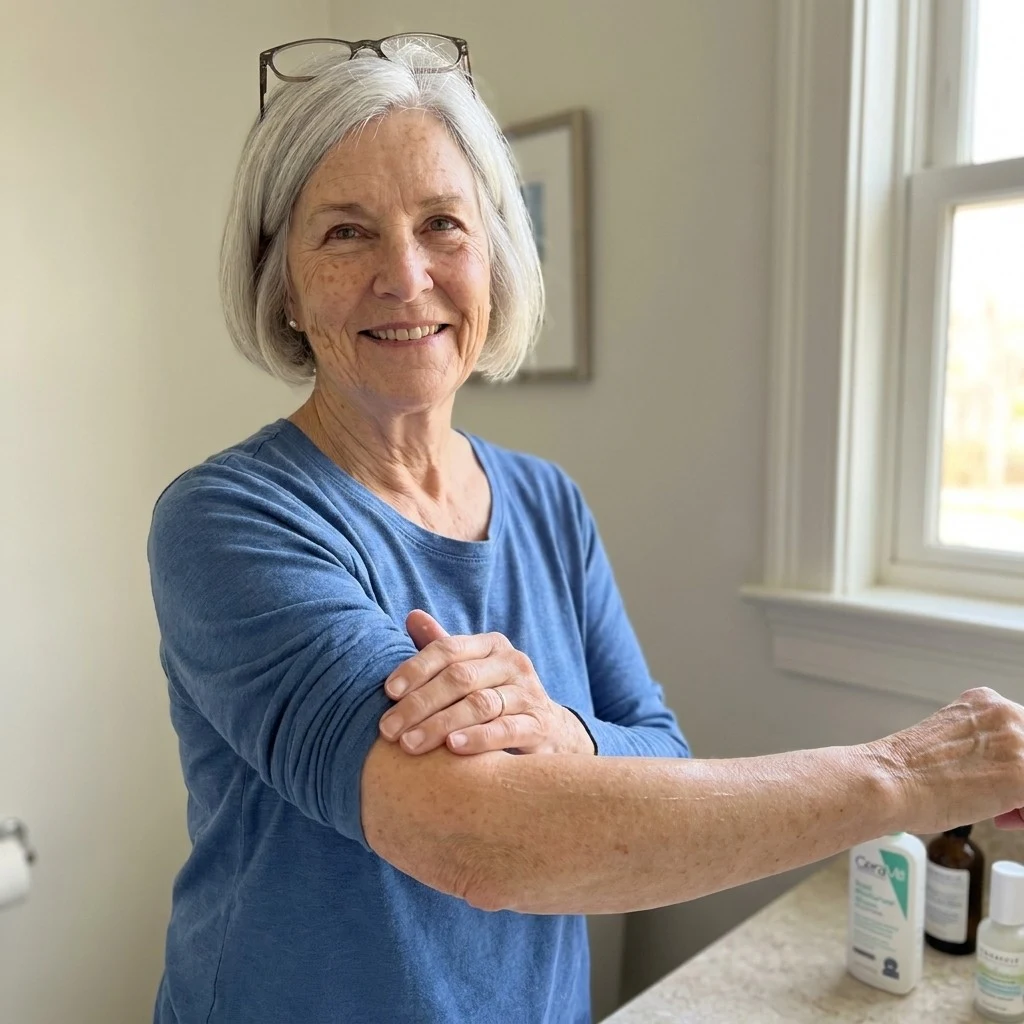 Rosemary upper arm at month 8 — still smooth and even on 3x-a-week maintenance