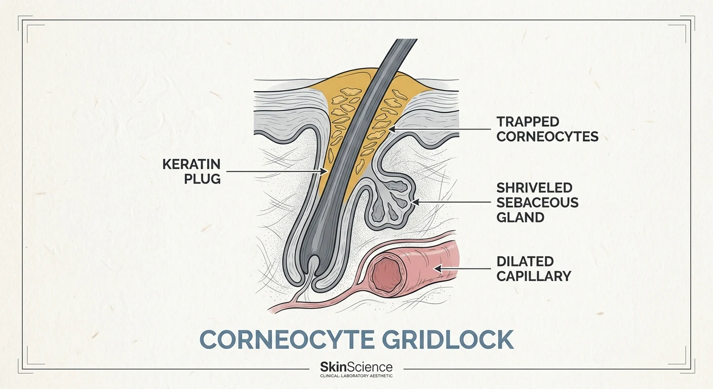 Close-up illustration of dead cells plugging the follicle and trapping the hair inside