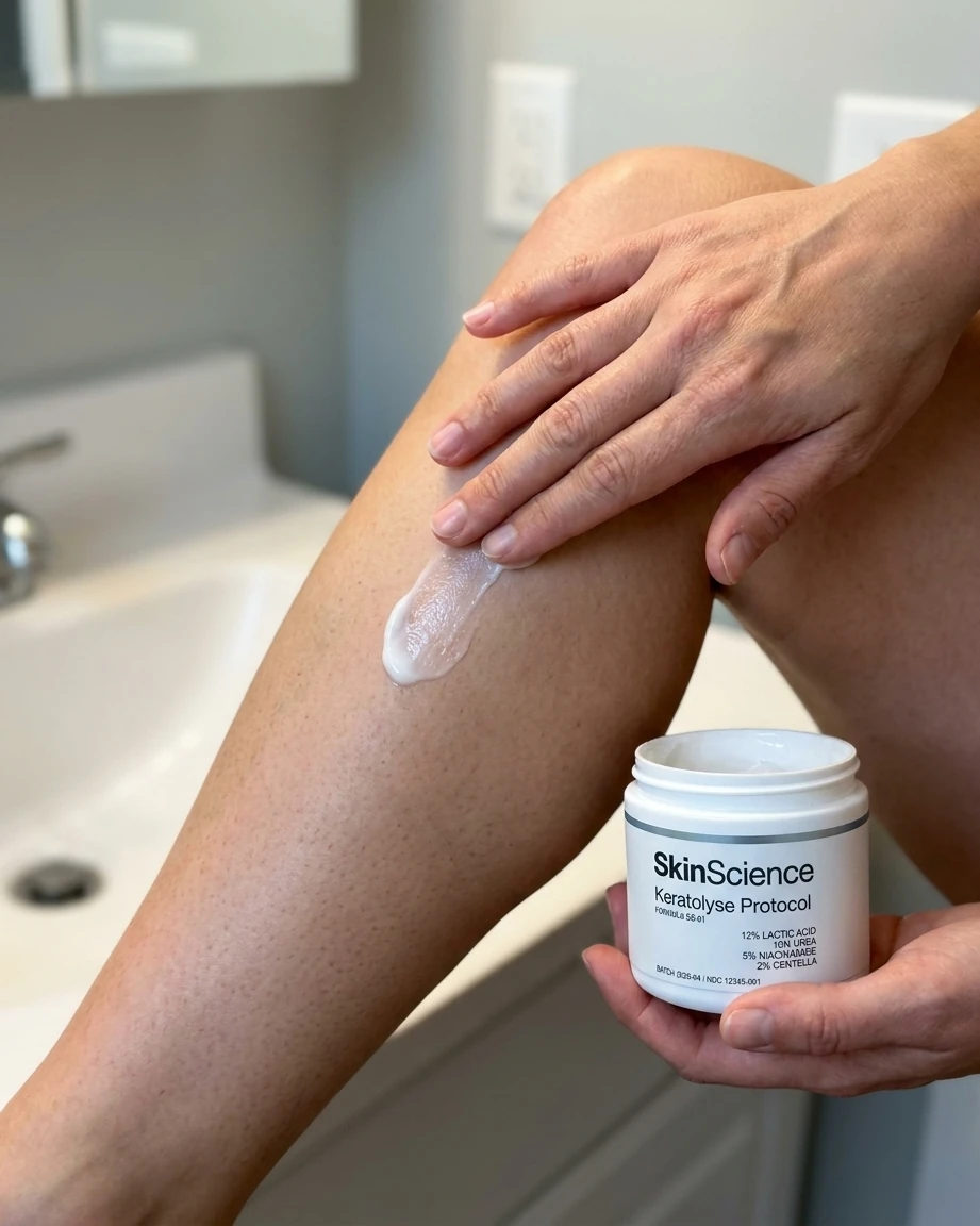 Keratolyse applied to a freshly shaved leg — no sting, no flush, no flare
