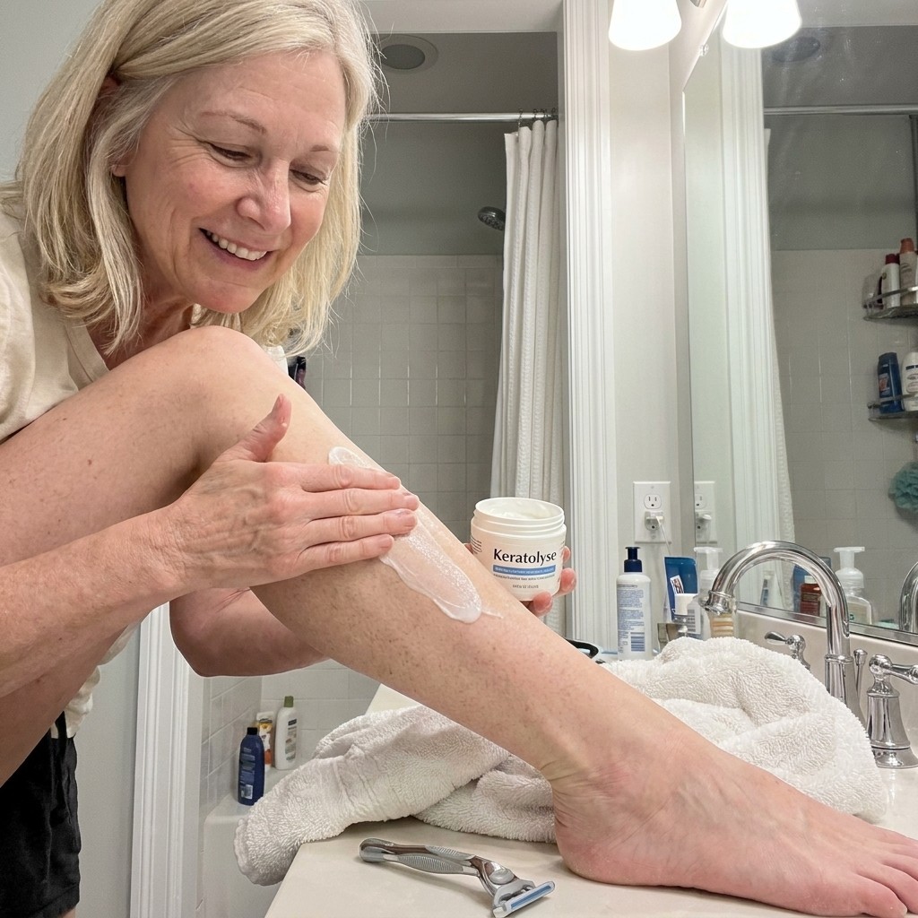 Sharon's photo — calm, even-toned legs right after shaving, no sting and no flare