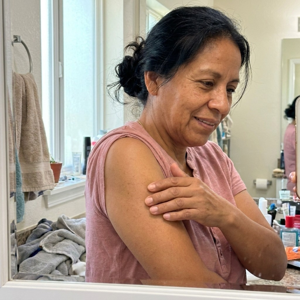 Maria's week-2 progress photo — the bumps across her upper arm already flattening