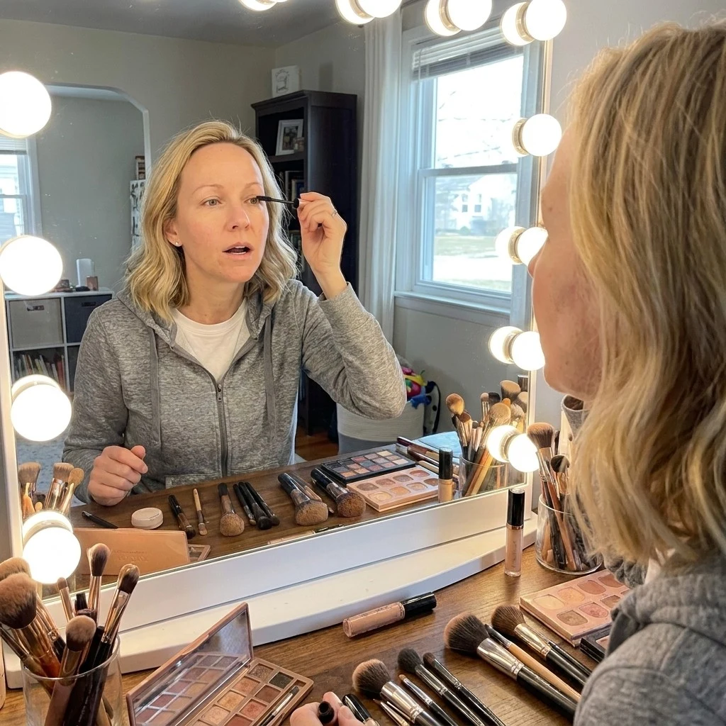 Megan bare-faced at week 10 — the dark patches along her jaw gone, no concealer needed