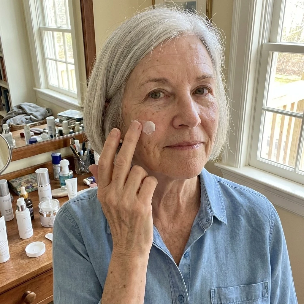 Rosemary at her vanity, Melanolyse bottle in hand — month 8, tone still even