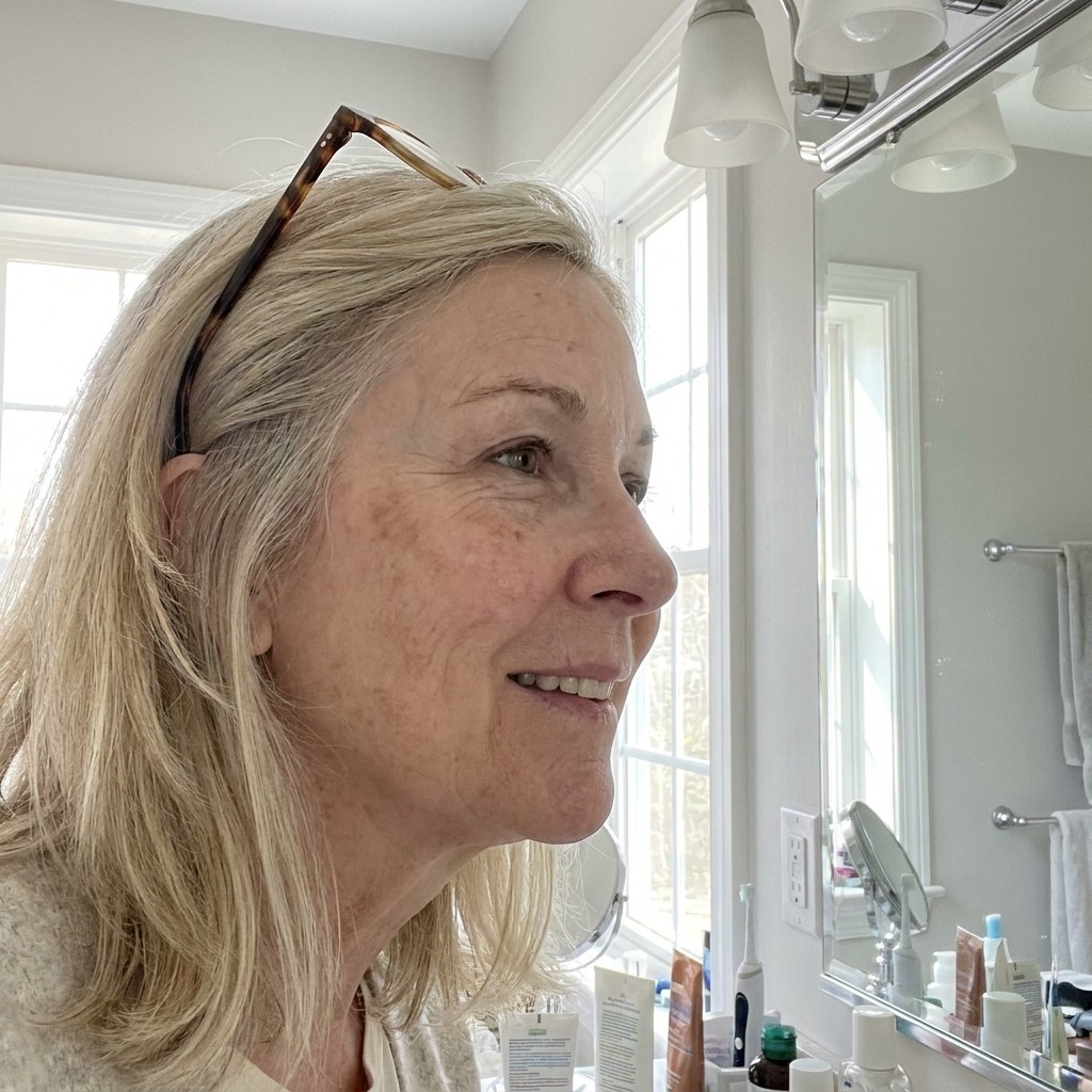 Sharon's photo — the cheekbone patch she hid for years visibly fading, no sting and no flaking