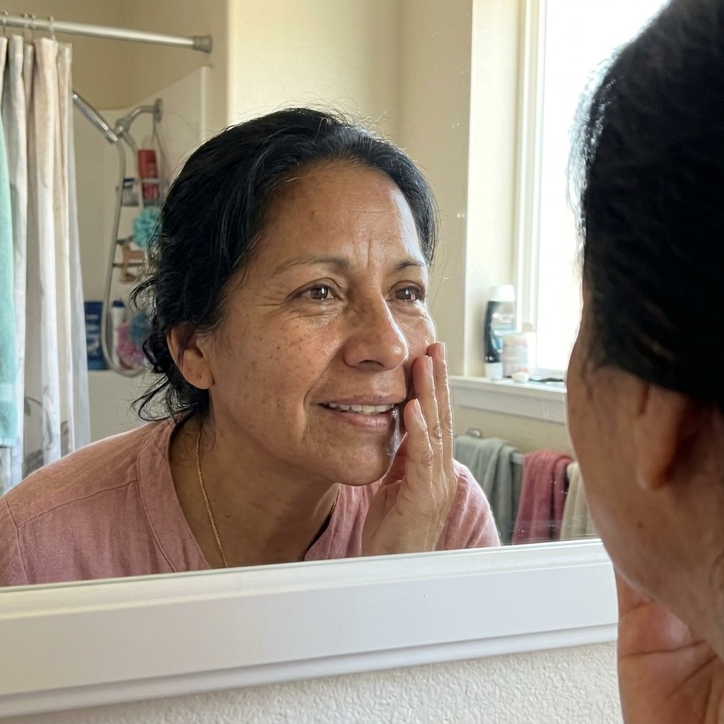 Maria's week-2 progress photo — the newest dark spots across her cheek already fading