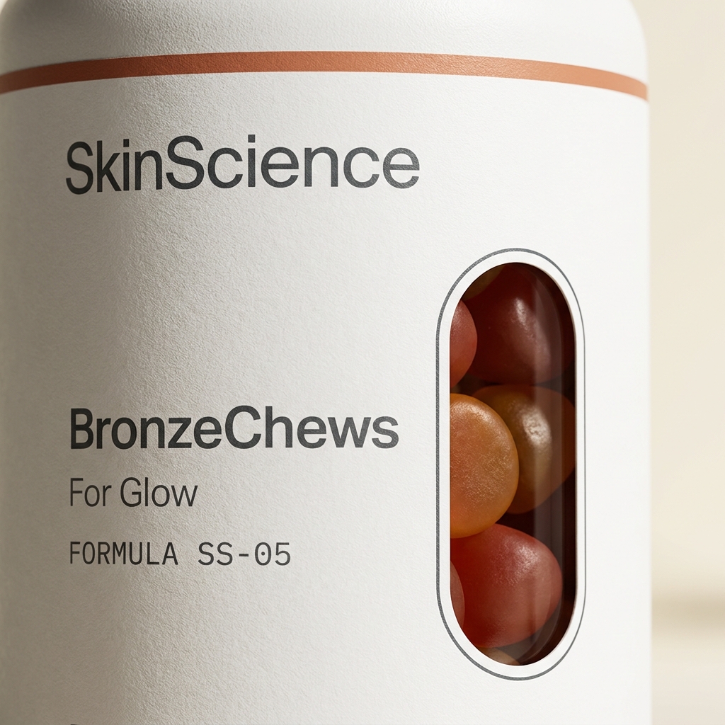 Bronze Protocol label detail — bronze hairline + SkinScience wordmark + window revealing gummies