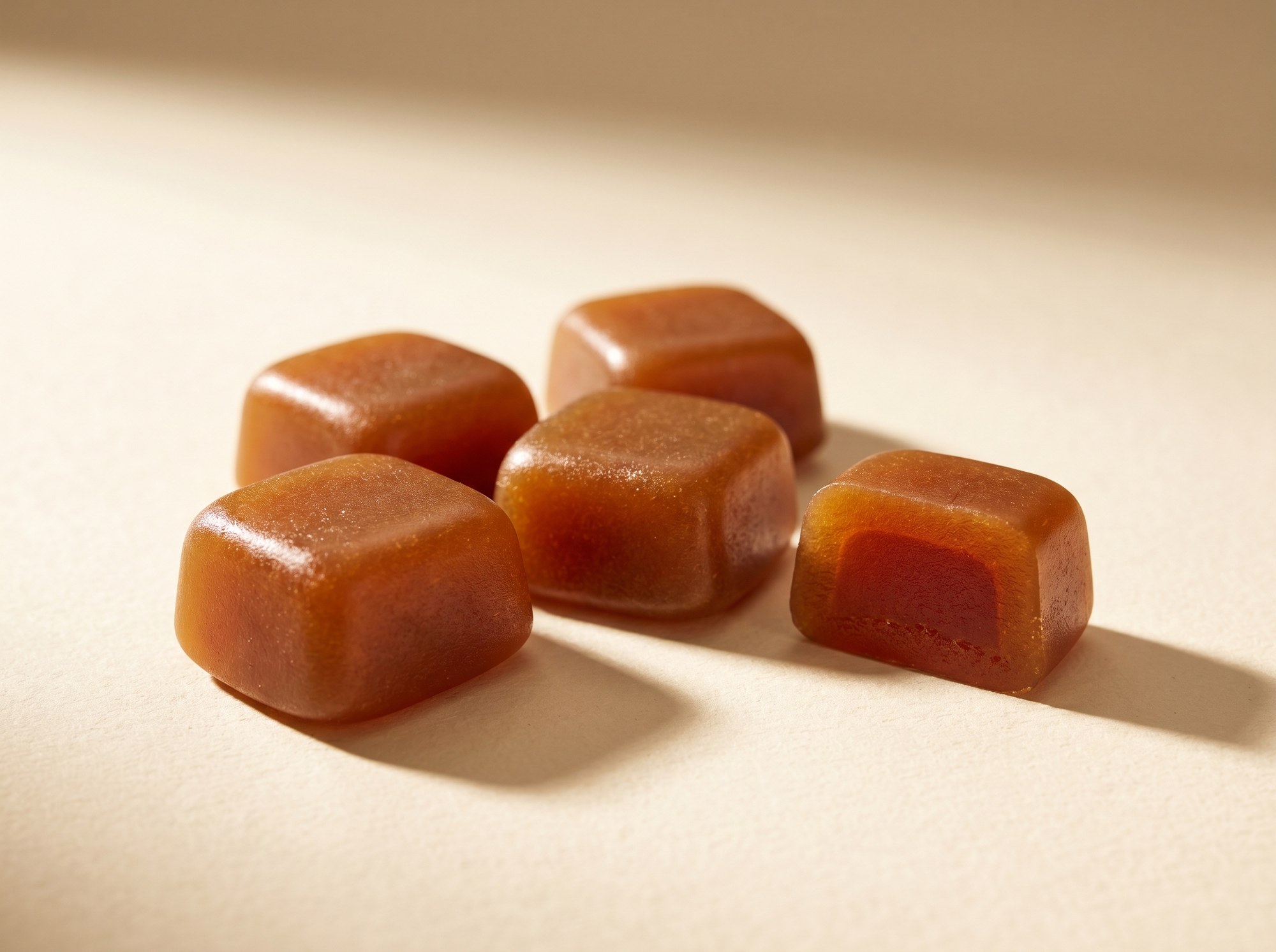 Bronze Protocol macro — multi-tone terracotta-red to amber-bronze gummies, Astaxanthin pigment cross-section