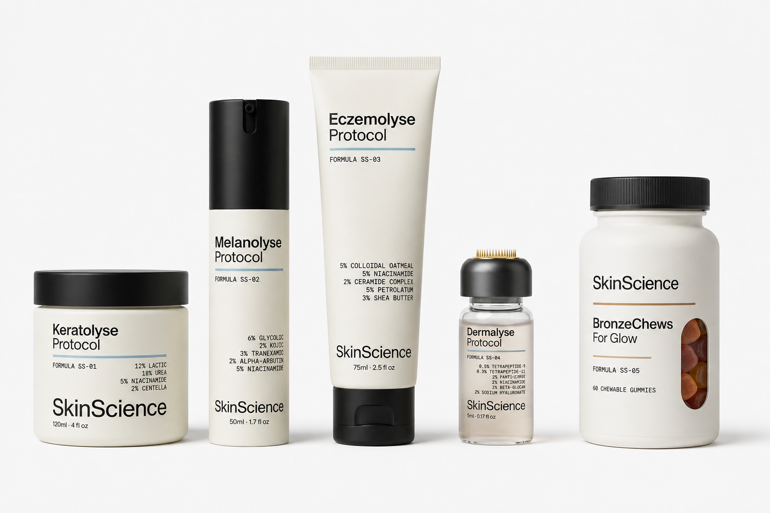 SkinScience family of five — SS-01 jar, SS-02 pump, SS-03 tube, SS-04 vial, SS-05 Bronze Protocol bottle