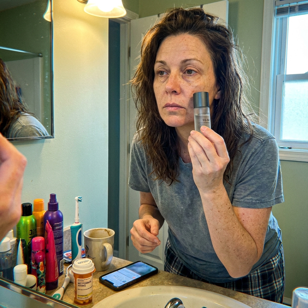 Sandwich Generation persona — woman 50+ between teenage daughter and aging parent, exhausted but reclaiming her routine