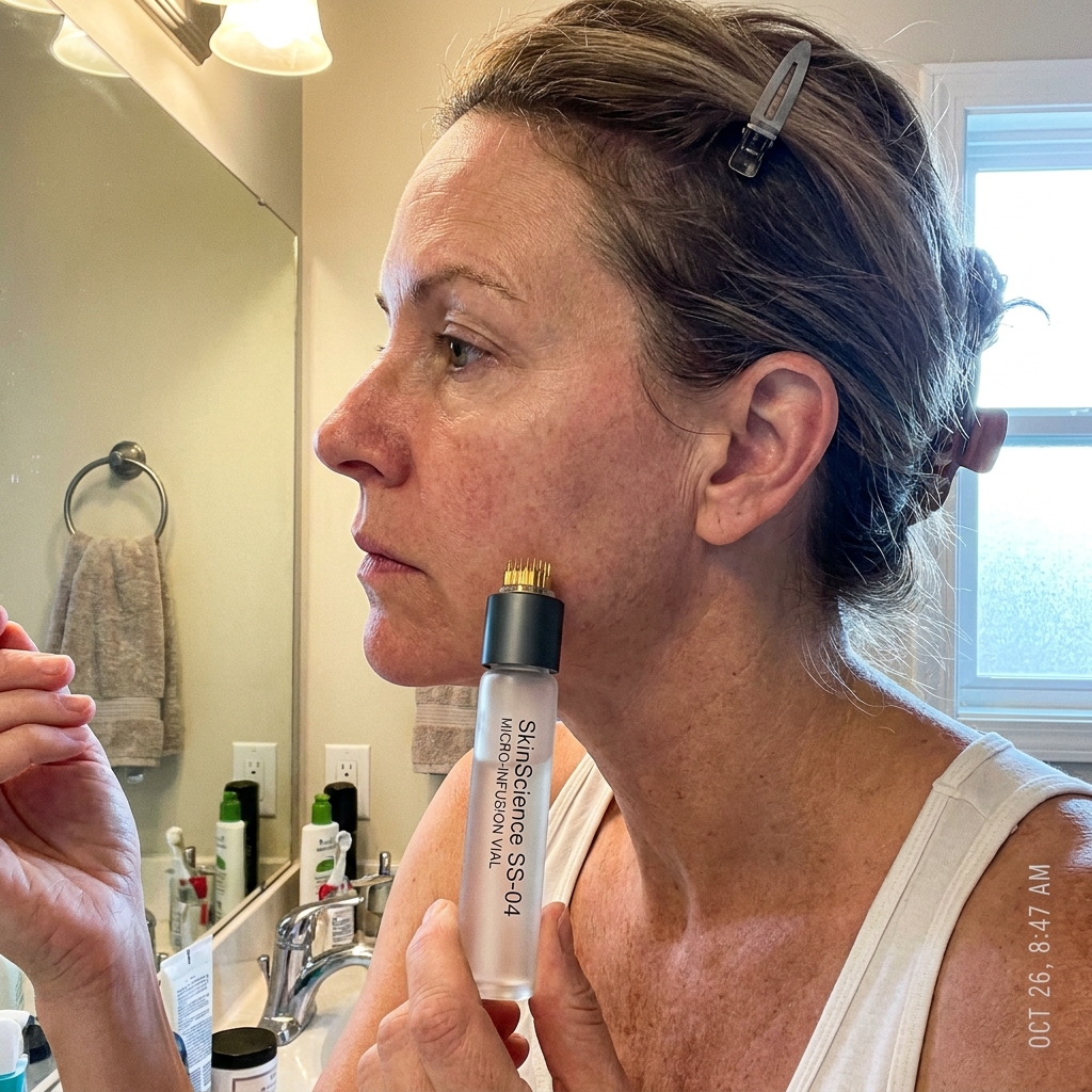 Step 2: post-stamp glass-skin glow on a 50-something user, DEJ re-anchoring visibly tightening the jawline