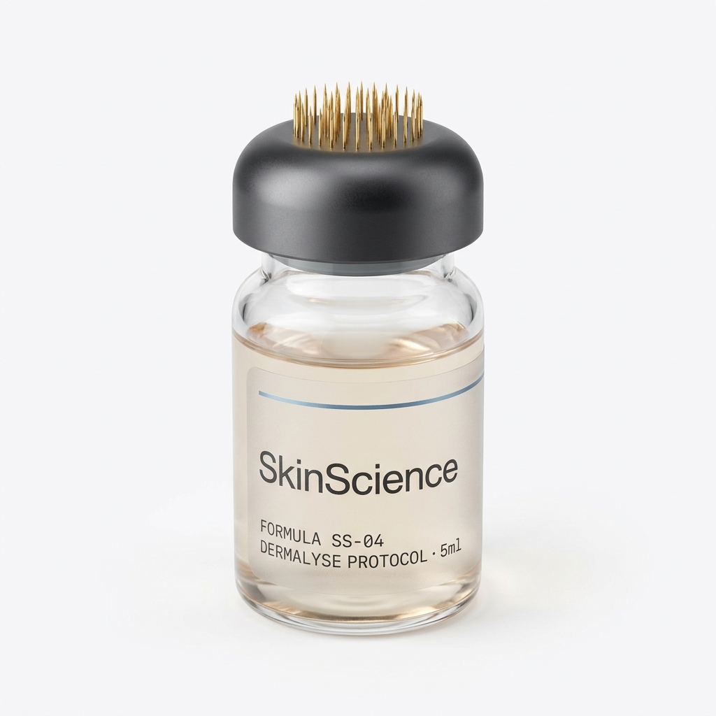 SkinScience Dermalyse Protocol — sterile vial with 24K-gold stamp cap, 3-quarter view on white seamless