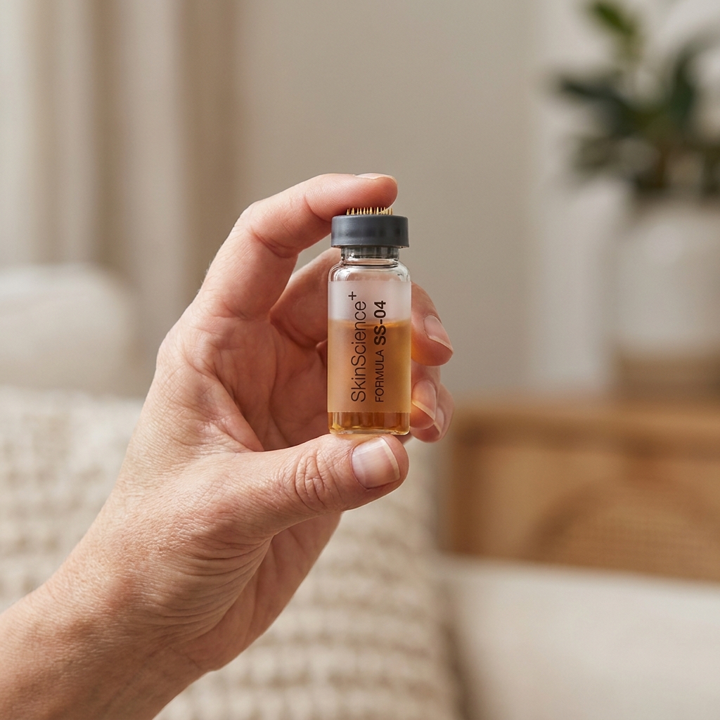 Dermalyse Protocol — vial held in hand showing the integrated stamp cap and pharmaceutical-glass body