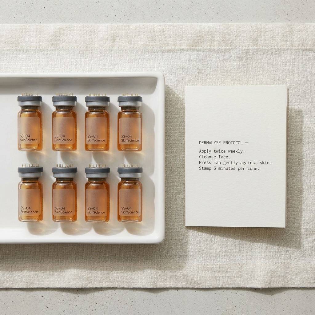 Dermalyse full system — opened carton with 8 single-use vials, secondary packaging laid out