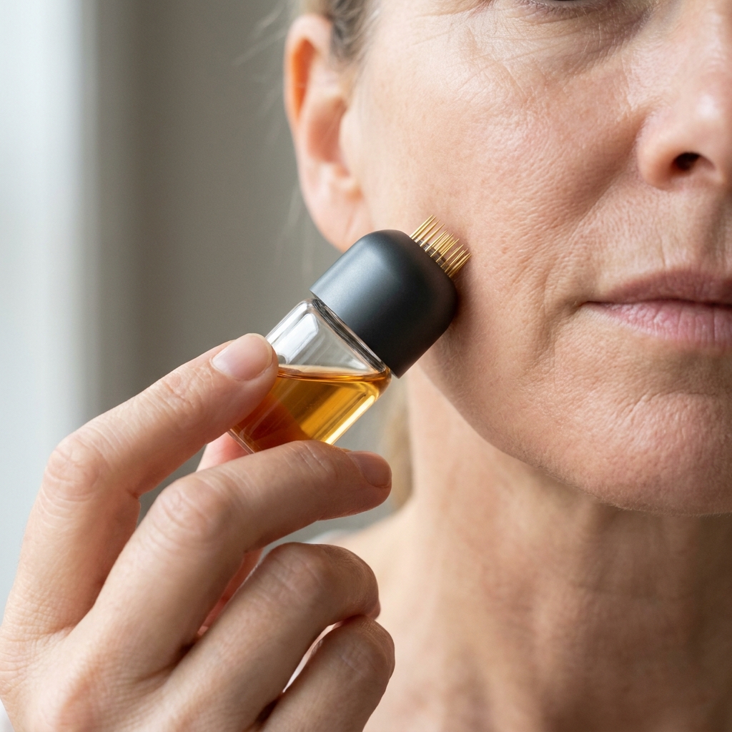 Dermalyse mid-application — woman 45+ stamping the protocol along the jawline at her vanity