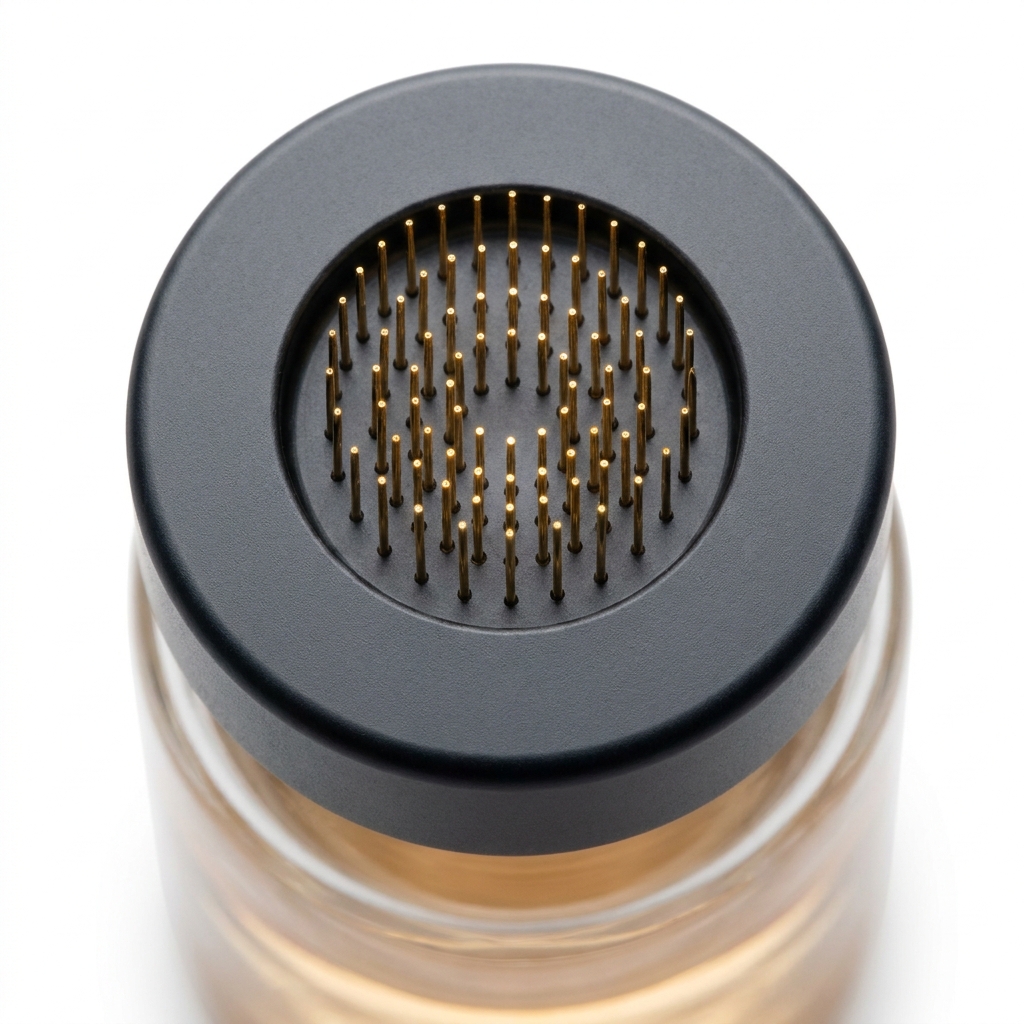 Dermalyse mechanism — concentric array of 24K-gold-plated hollow-bore micro-needles, top-down macro
