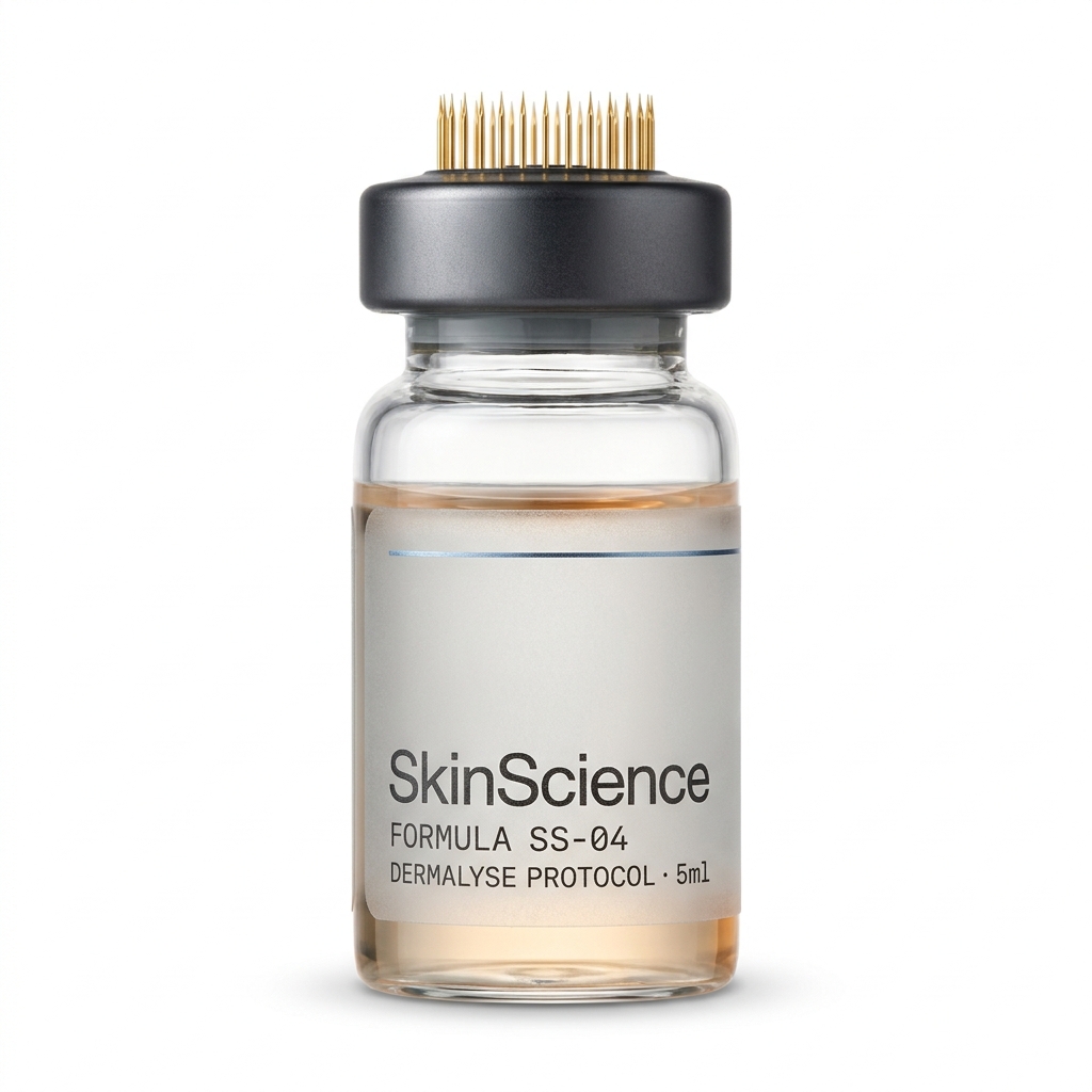 Dermalyse pharmaceutical-grade glass vial detail — frosted label panel + charcoal SkinScience wordmark + steel-blue hairline
