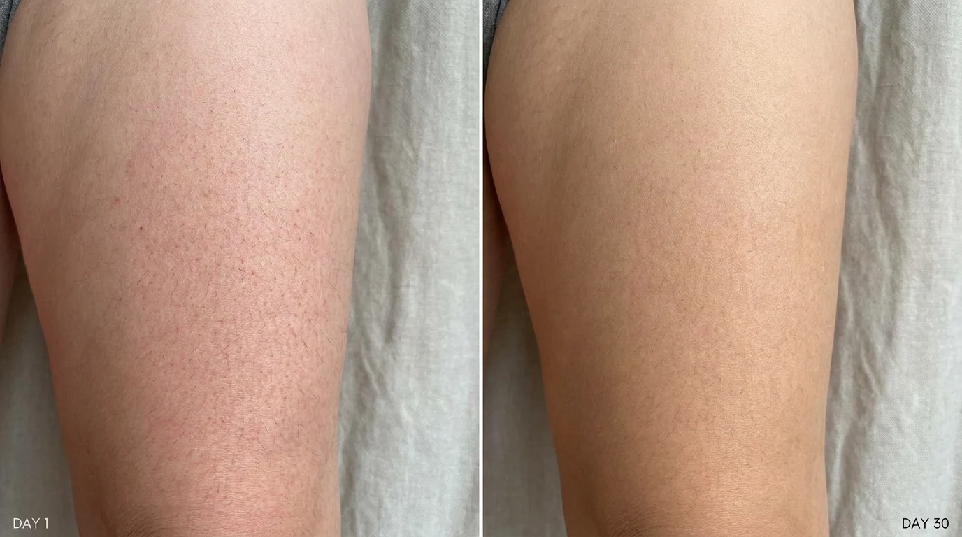SkinScience user 2 — outer thigh strawberry-skin, day 1 vs day 30