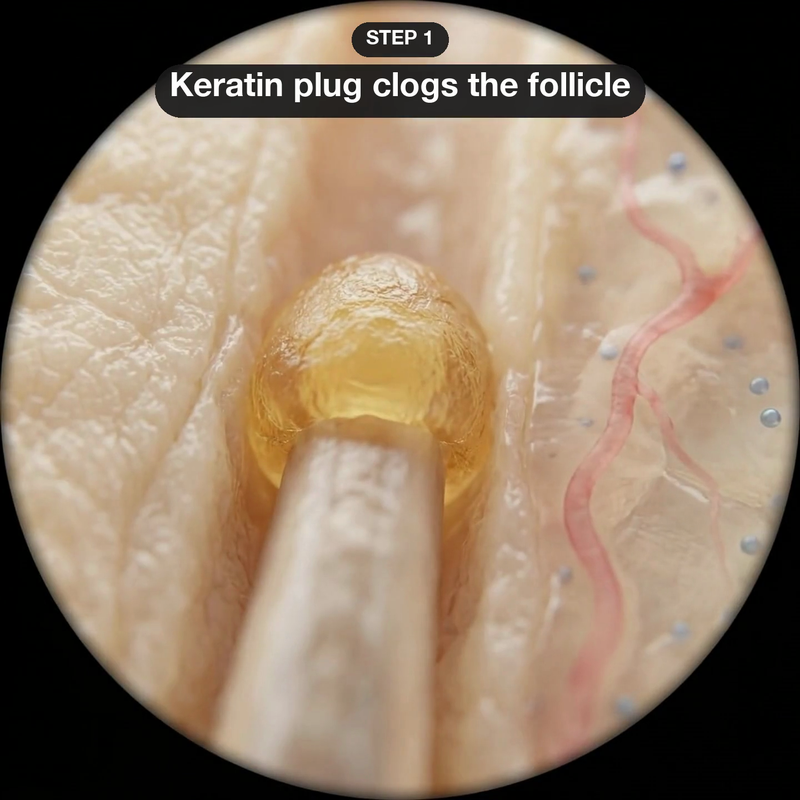 Keratolyse mechanism diagram — Lactic + Urea dissolving the follicular plug