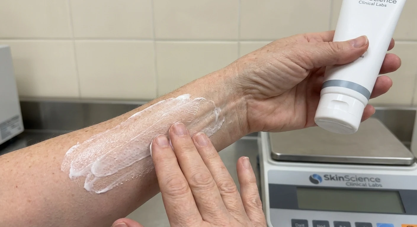 Keratolyse Protocol — application demo, hand smoothing cream onto upper arm