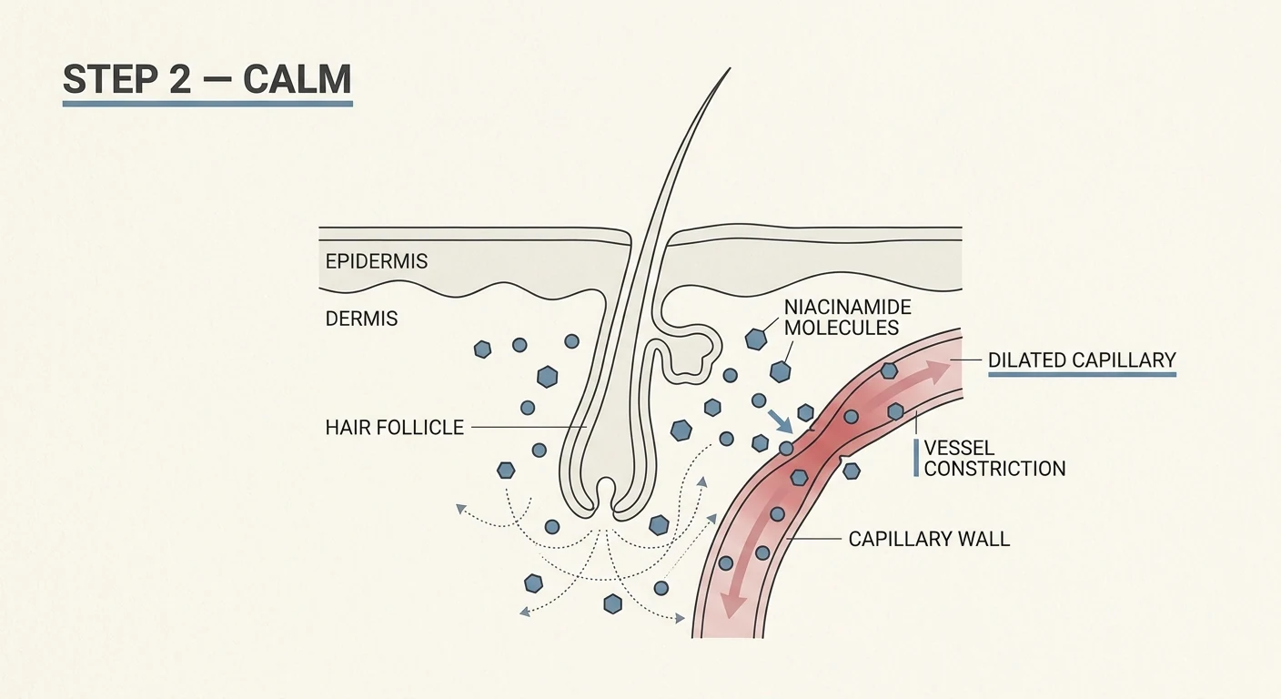 Step 2: Niacinamide quieting the dilated capillaries underneath the follicle