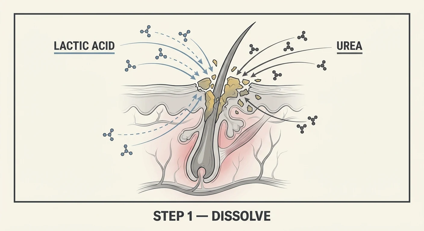 Step 1: Lactic + Urea dissolving the keratin plug in the follicle
