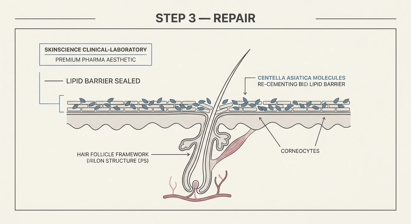 Step 3: Centella Asiatica re-cementing the lipid barrier and closing follicular gaps