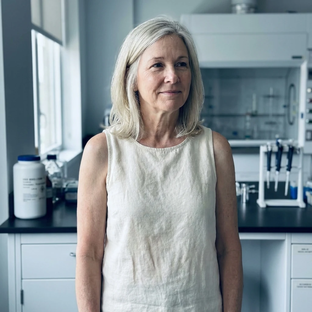 Woman 50+ in sleeveless tank top, clear arms in natural light