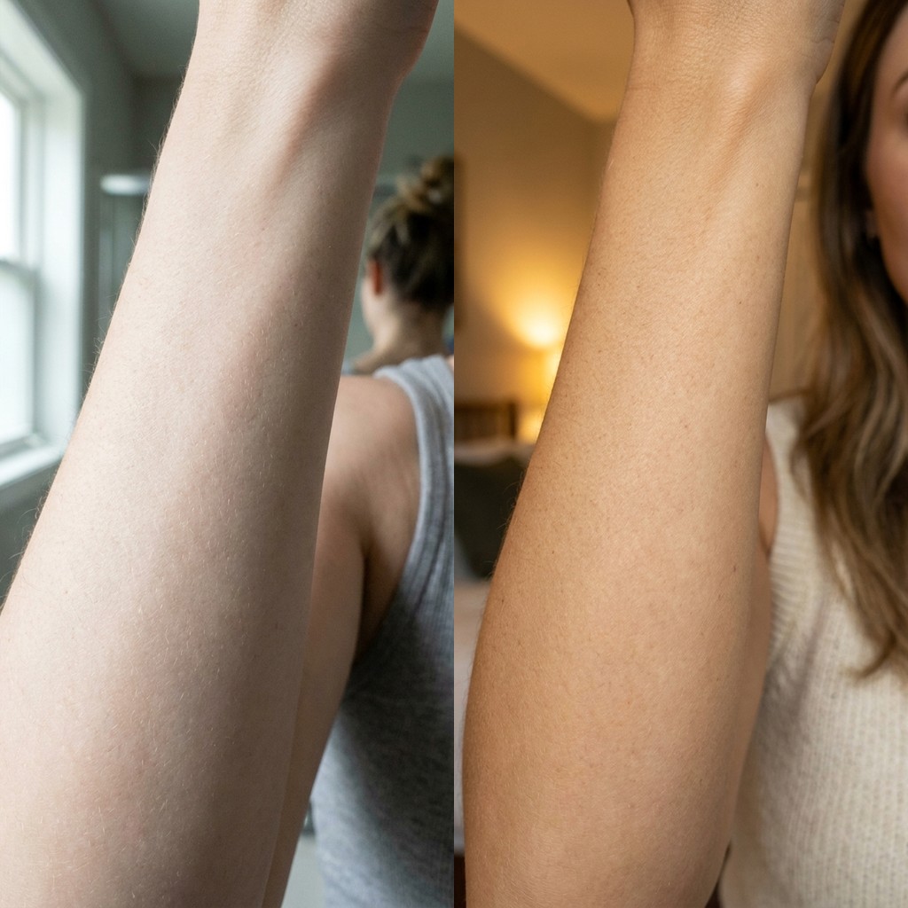 Bronze before and after — forearm tan, pale vs golden tan