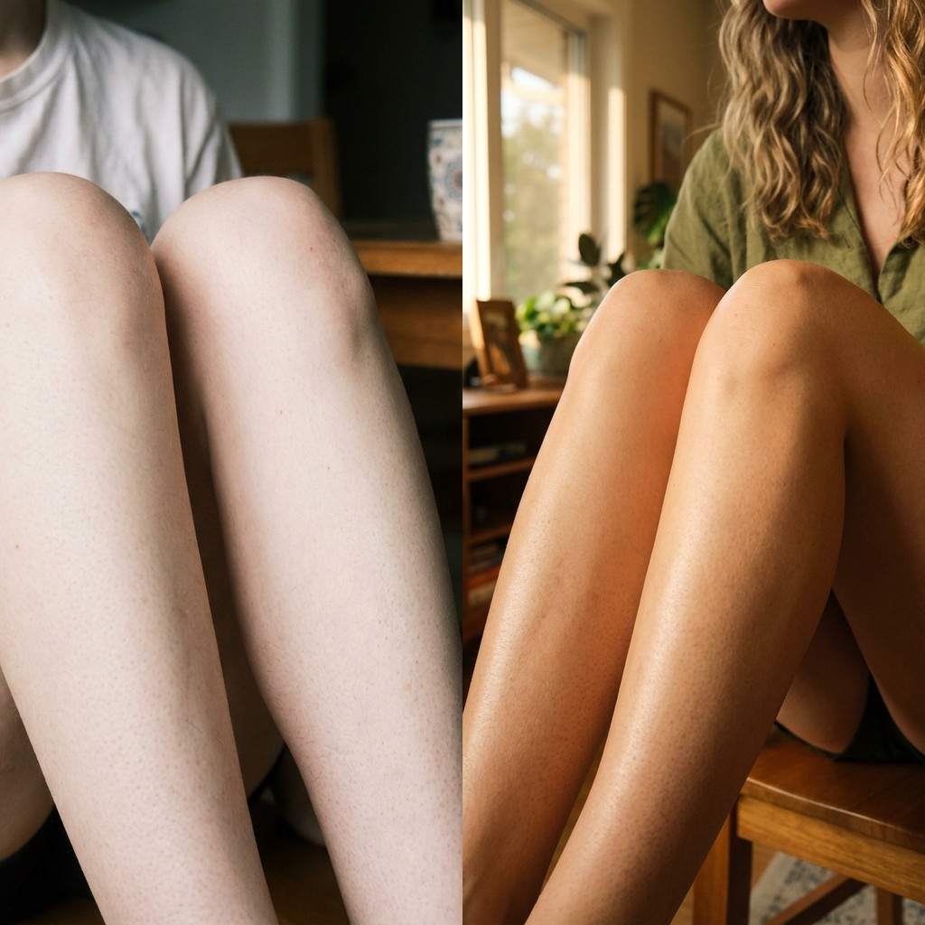 Bronze before and after — legs tan, pale vs golden tan