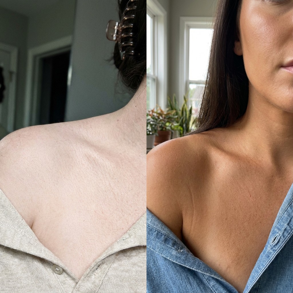Bronze before and after — shoulders tan, pale vs golden tan