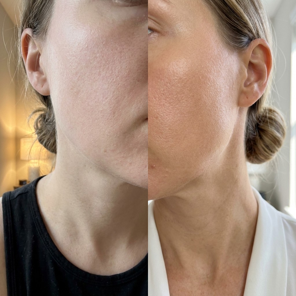 Bronze before and after — face tan, pale vs golden tan