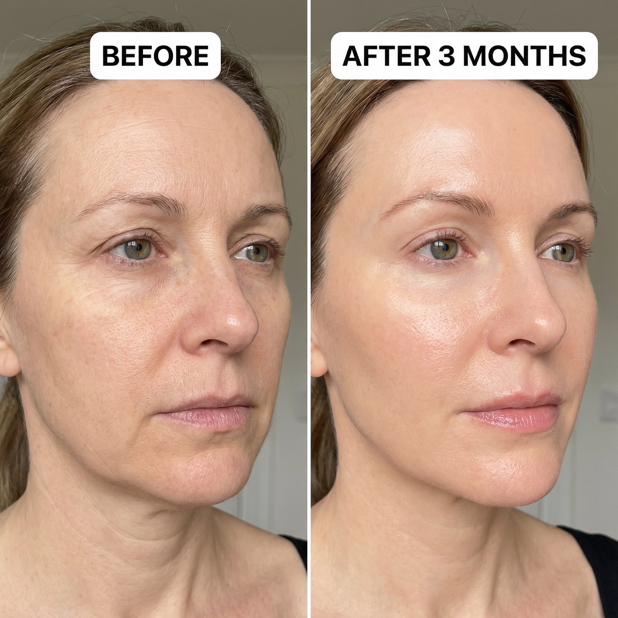 a woman's face with a comparison of her skin