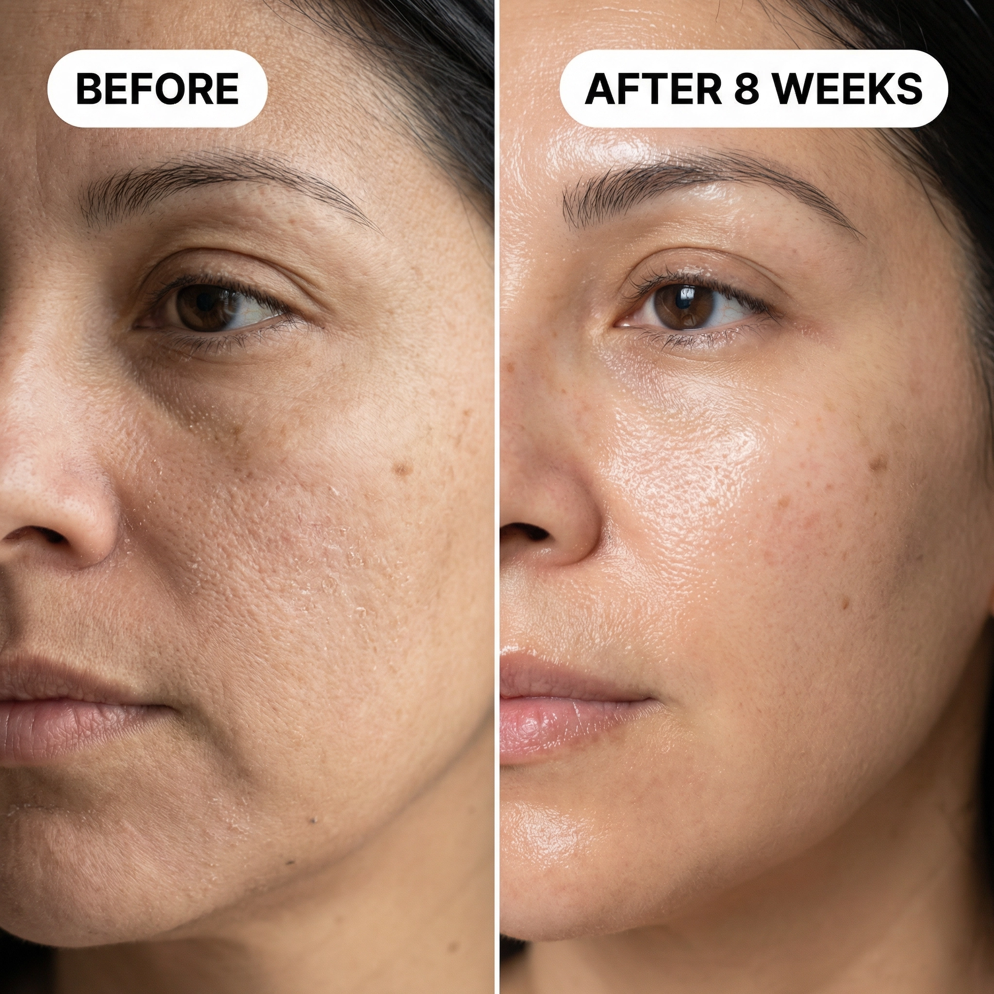 a woman with wrinkles and a few years after her skin